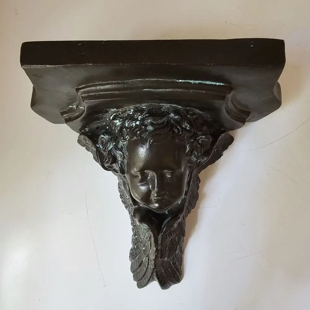 Vintage Cherub Angel Wall Sconce Shelf Heavy Faux Patina Old America 1980s Decor